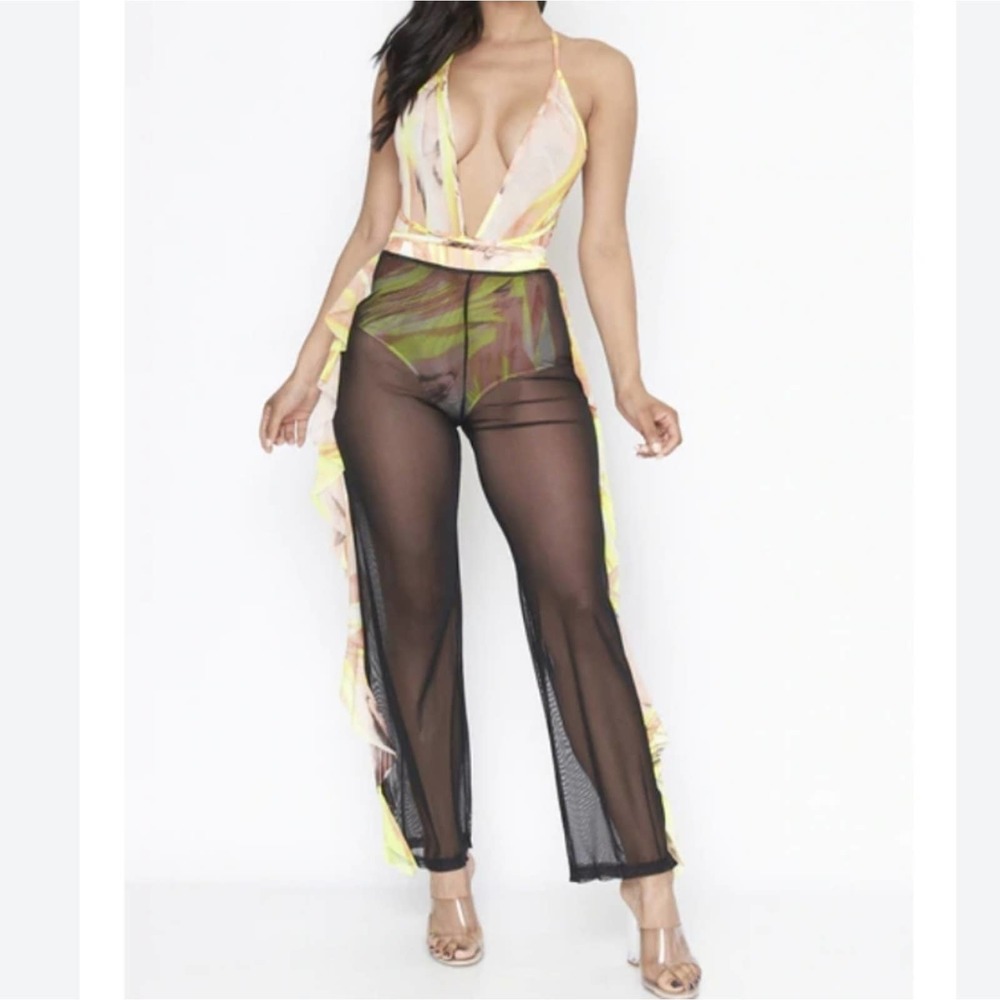 Annes Apparel Sheer Mesh Bodysuit and Pants Set